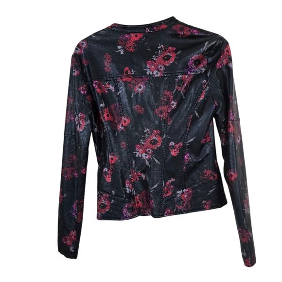 Guess Faux Leather Moto Jacket Black Rose Floral Biker Core Witchy Vamp Goth SP - Picture 2 of 11